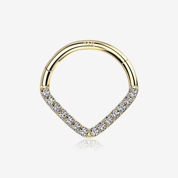 14 Karat Gold Brilliant Sparkle Chevron Clicker Hoop Ring-Clear Gem